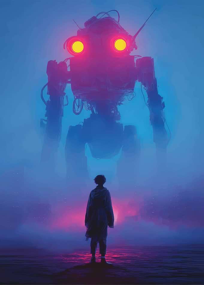 Giant Robot Confronts Lone Figure