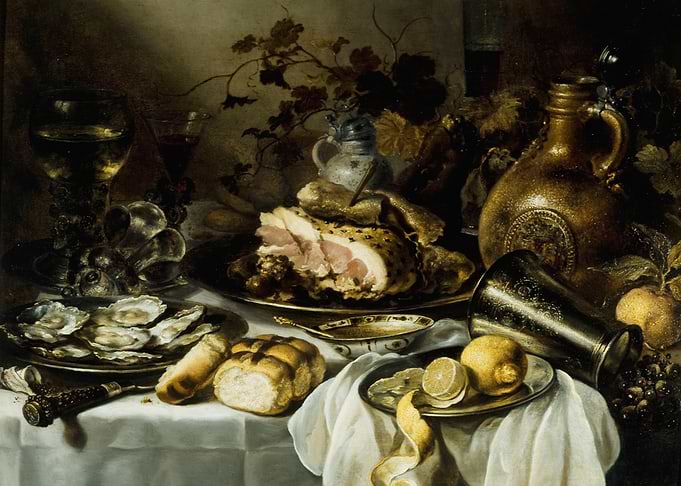 Opulent Still Life with Food and Drink