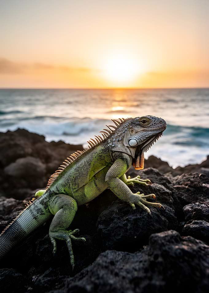 Green Iguana at Sunset by the Ocean