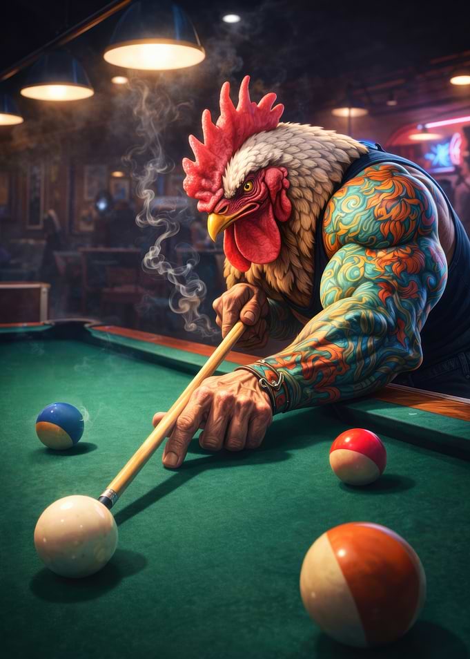 Rooster playing billiards