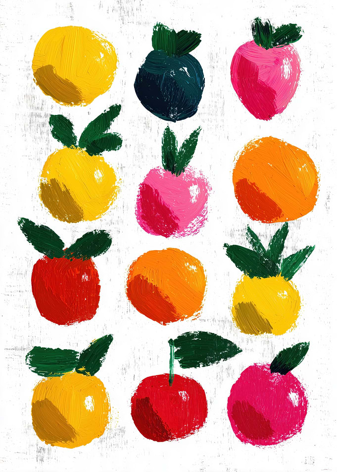 Colorful Painted Fruits on White Background