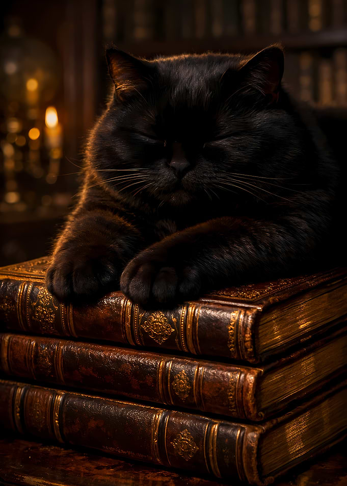 Chubby Black Cat Sleeping on Vintage Library Books