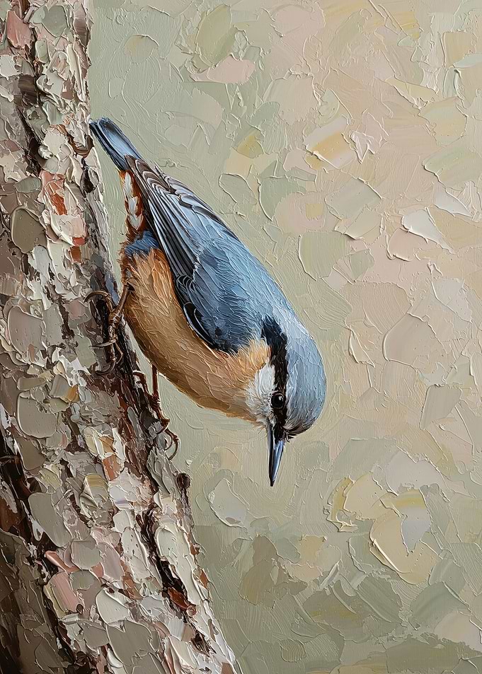 Nuthatch on a Textured Tree Trunk