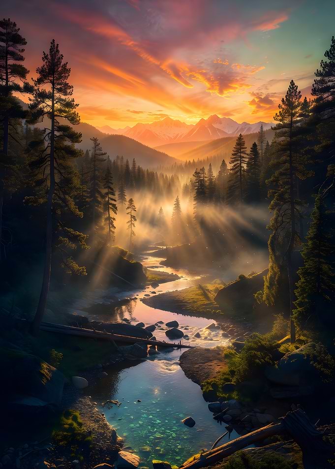 Misty Mountain Sunrise Over Forest River
