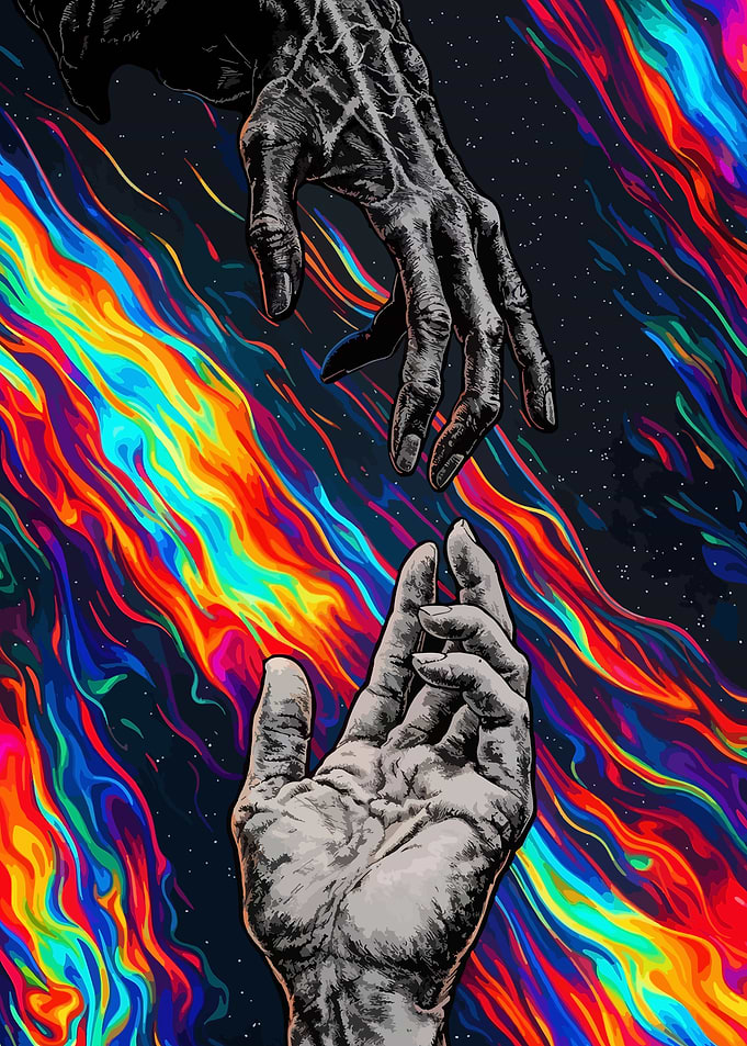Hands Reaching Through Cosmic Fire