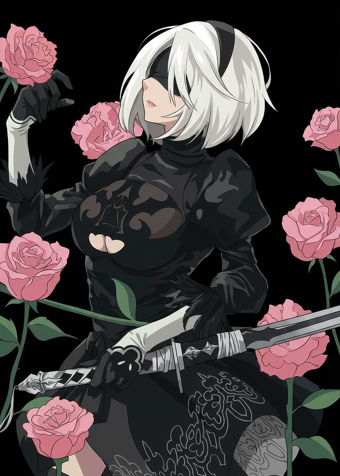 2B with Pink Roses and Sword Nier Automata