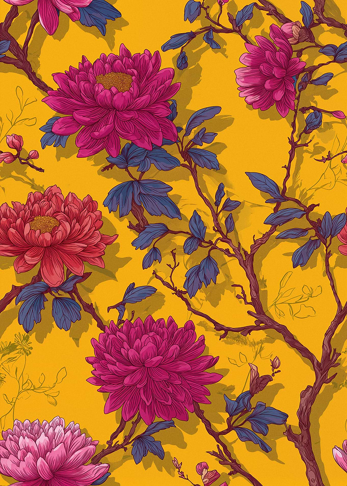 Vibrant Floral Pattern on Yellow Background