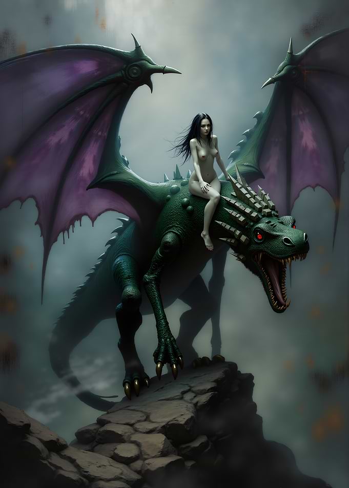 Woman Riding a Green Dragon