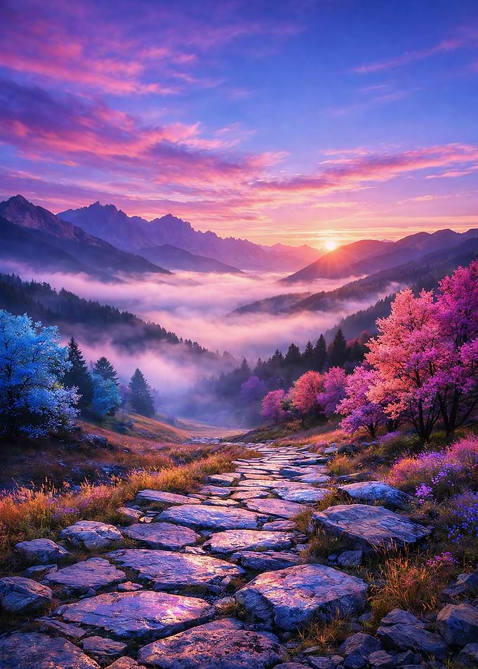 Sunset glow over misty valley path