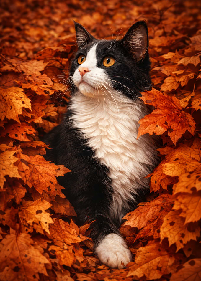 Black and White Cat in Autumn Leaves