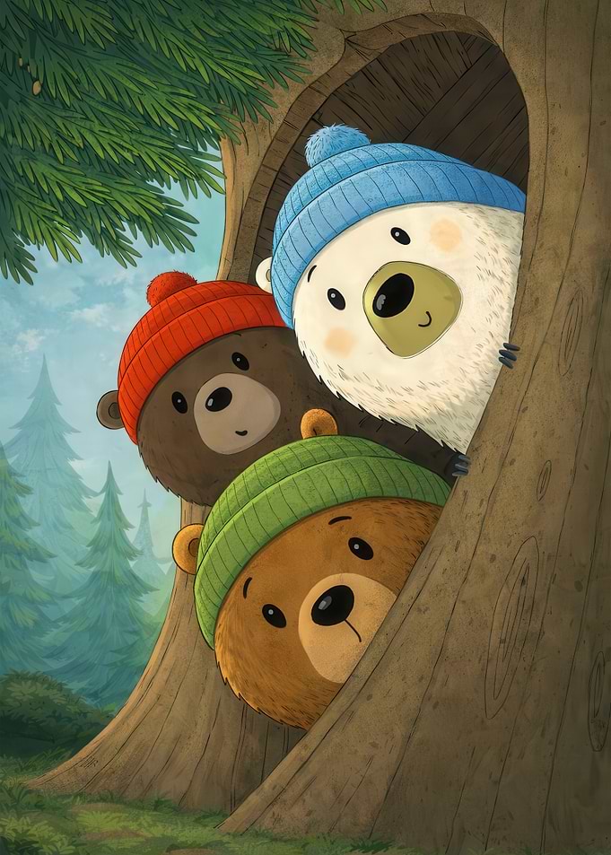 Three Bears in a Tree Hollow