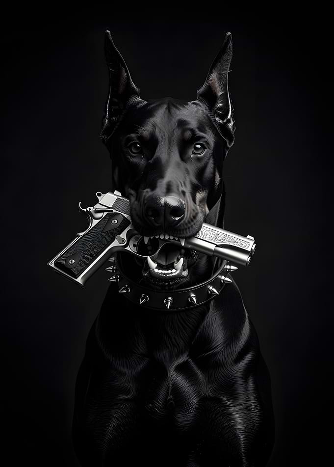 Doberman with Gun in Mouth