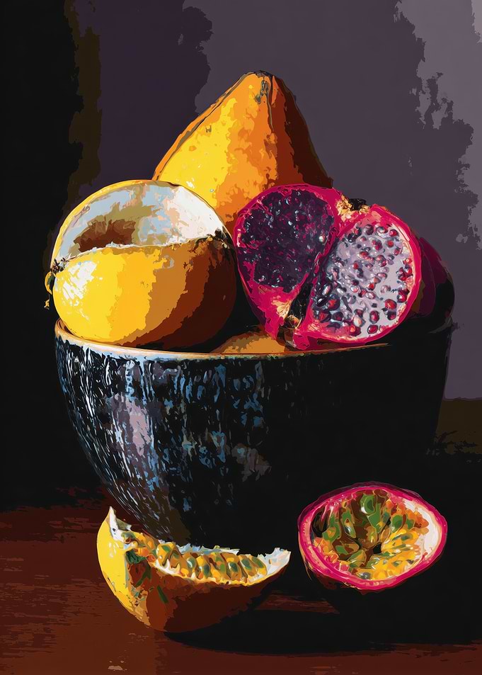 Still life of exotic fruits in a bowl