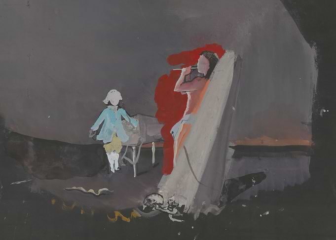 Surreal scene with figures and snake