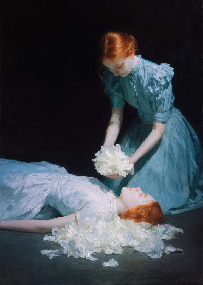 Two women with red hair and white flowers