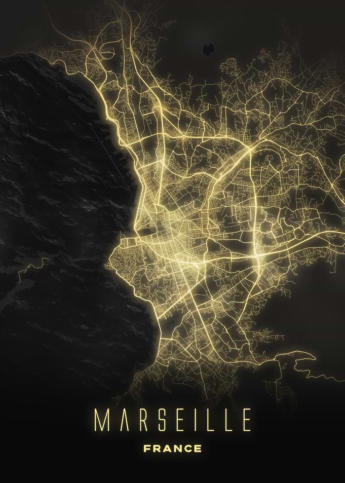 Marseille, France - Illuminated Night Coastal City Map, French Wall Art