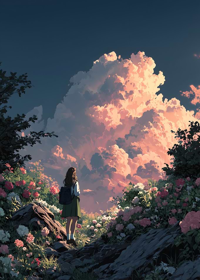 Anime Girl in Flower Field Looking at Clouds