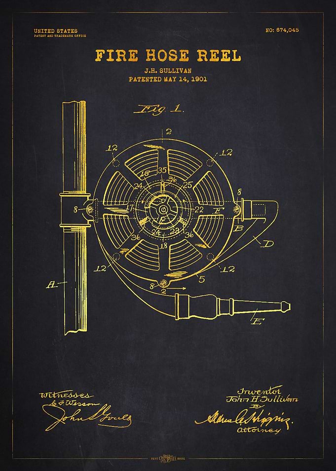 1901 Fire Hose Reel Patent Gold