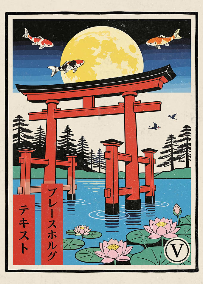 Japanese Torii Gate with Koi and Moon