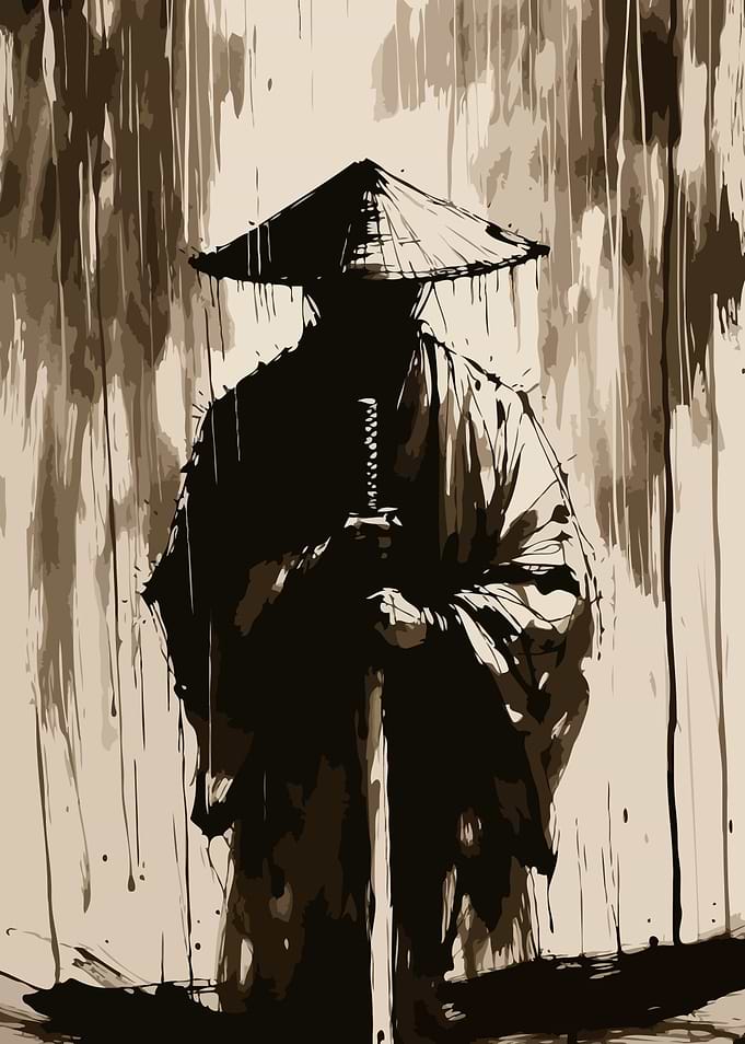 Samurai Warrior in the Rain Ink Art