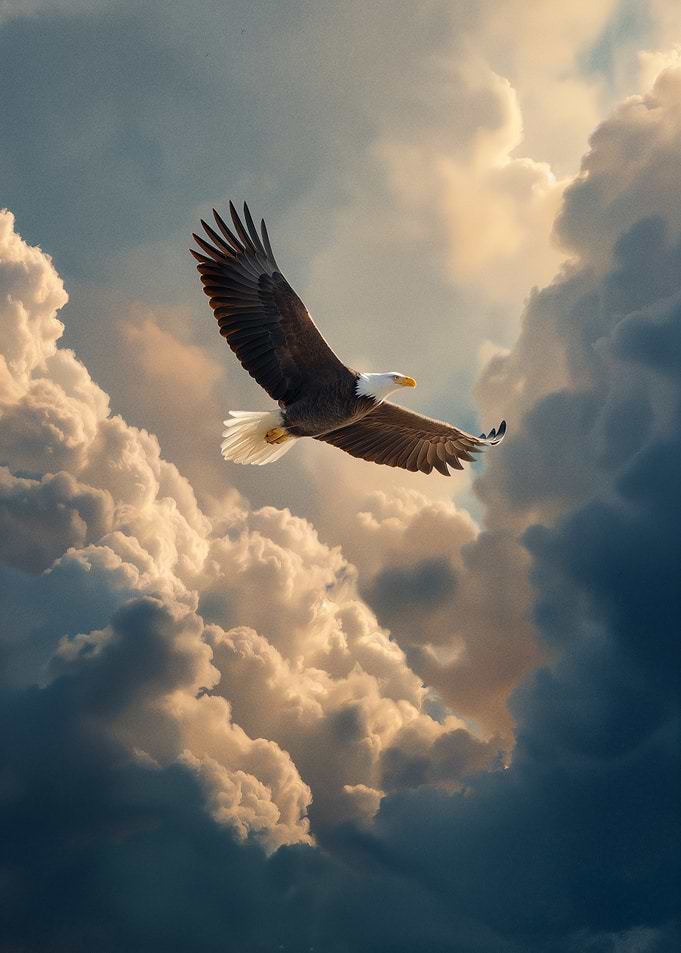 Majestic Bald Eagle Soaring Through Clouds