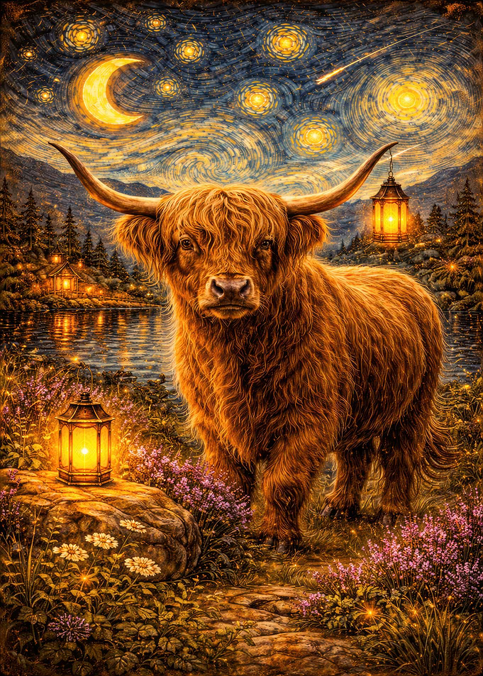 Highland Cow Under Starry Night Sky