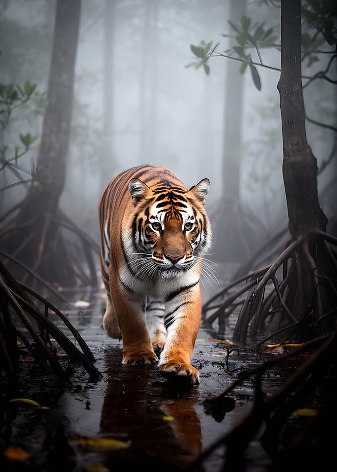 Tiger walking in a misty mangrove forest