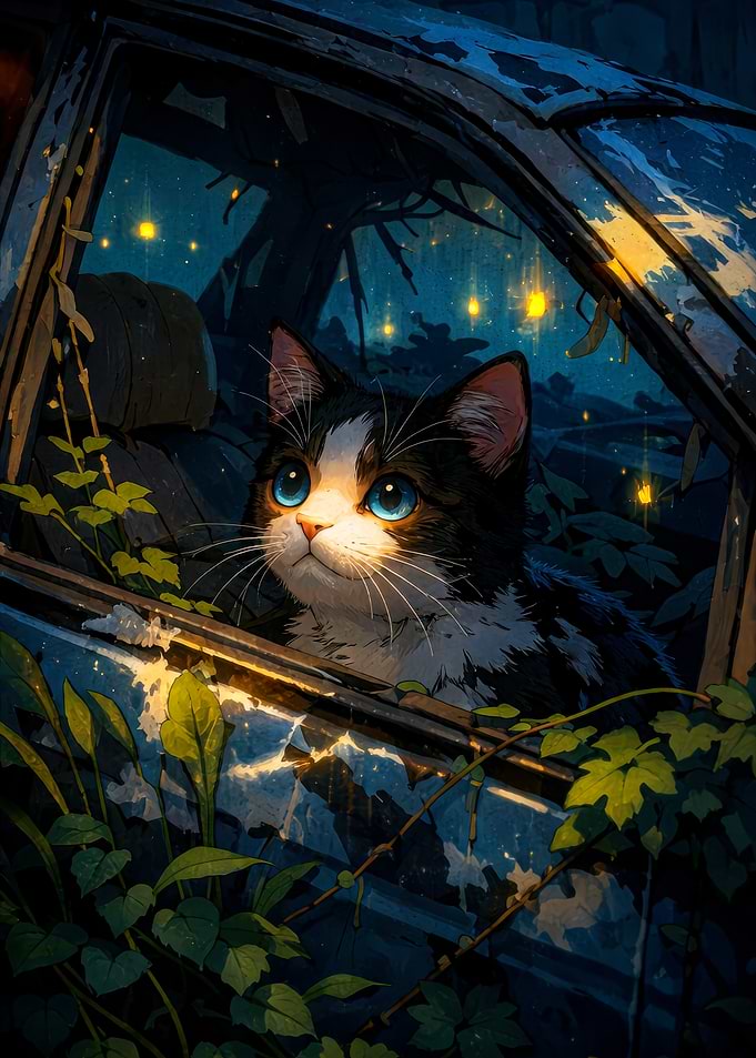Cat in a broken car window