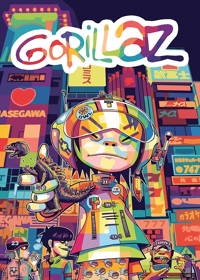 Gorillaz characters in a vibrant cityscape art