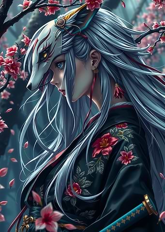 Kitsune Masked Woman with Cherry Blossoms