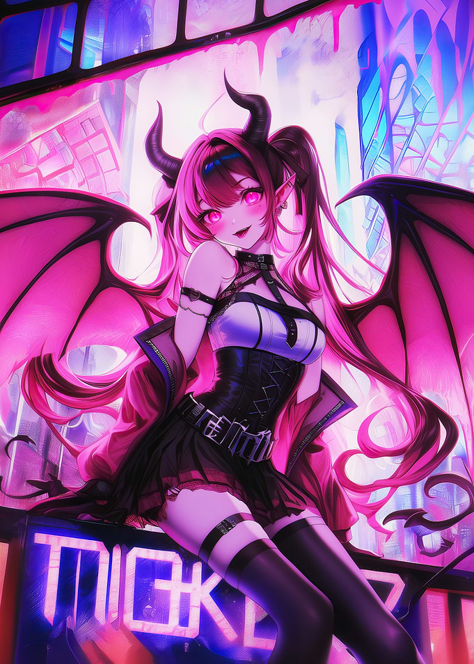 Anime Demon Girl with Pink Hair and Wings