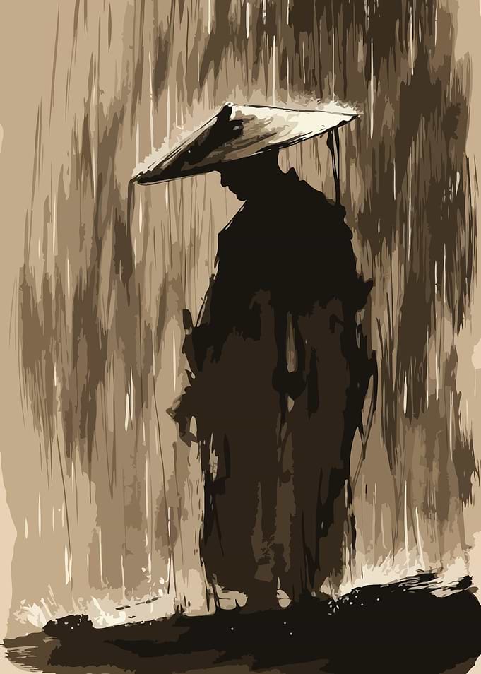 Samurai in the Rain Vintage Art