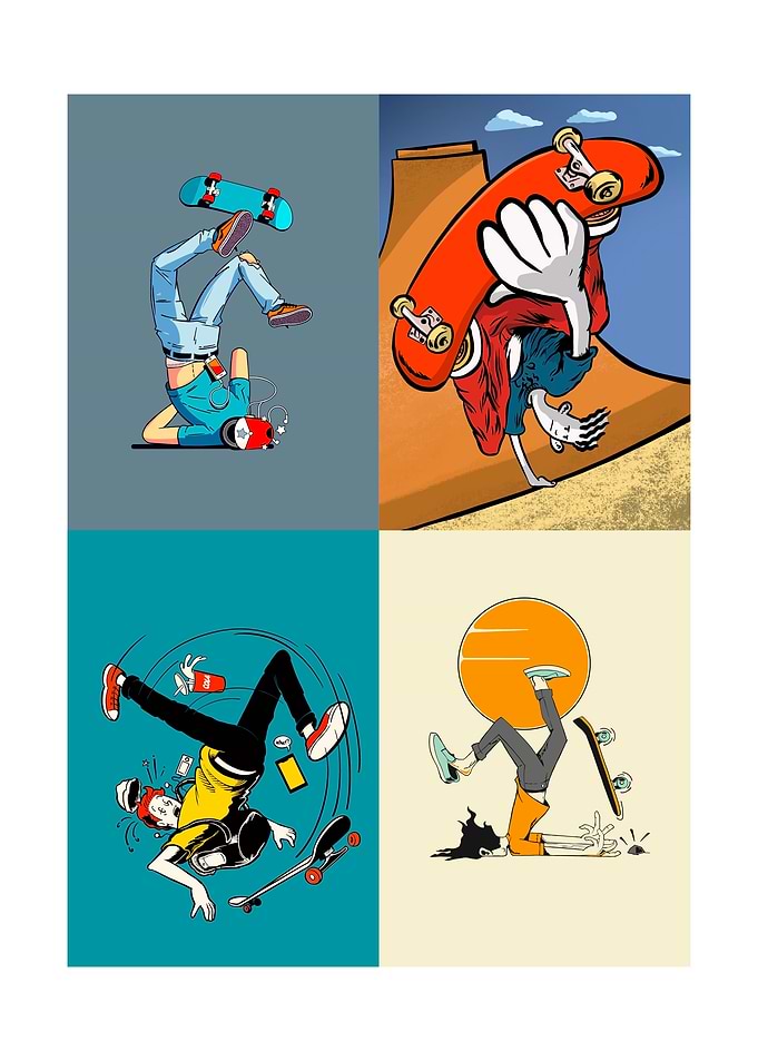 Skateboarder's dynamic poses and falls