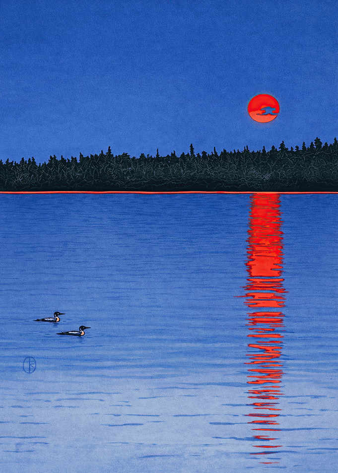 Loons on a lake at sunset