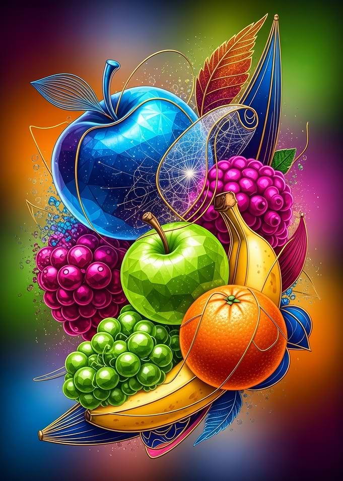 Vibrant Fruit Still Life with Abstract Elements