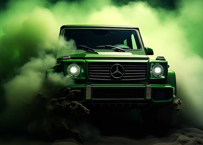 Green Mercedes in Smoke