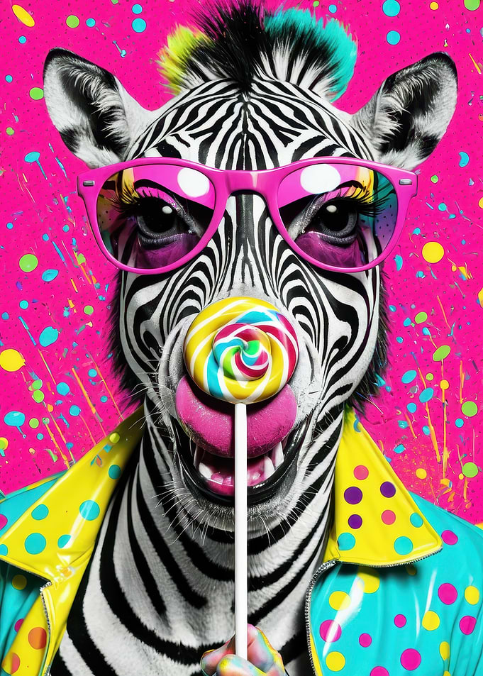 Neon Zebra Pop Portrait with Lollipop and Sunglasses