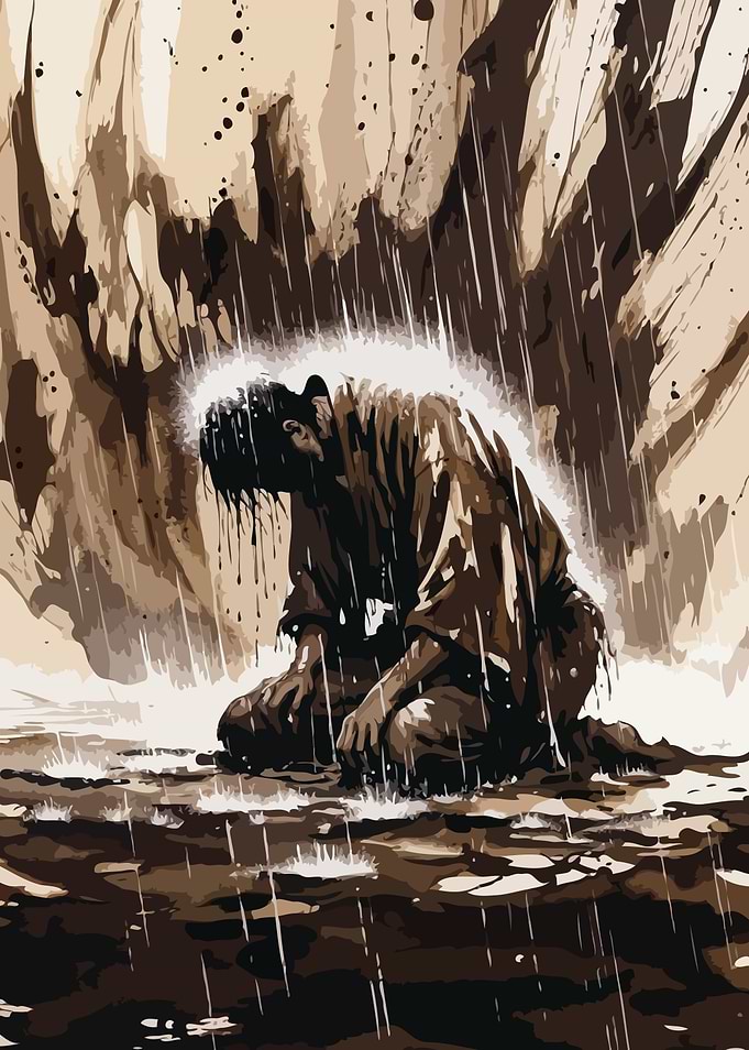 Man kneeling in the rain