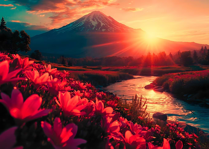 Sunrise Over Mountain Landscape with Flowers