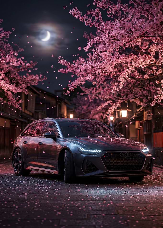 Car RS6 Cherry Blossoms Night Moon
