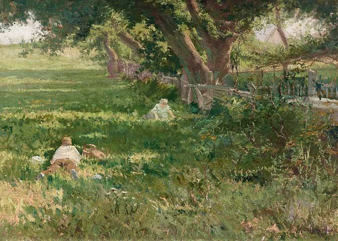 People relaxing in a sunlit meadow