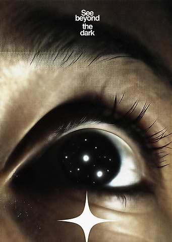 Eye reflecting stars and text