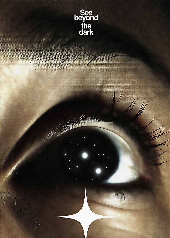 Eye reflecting stars and text