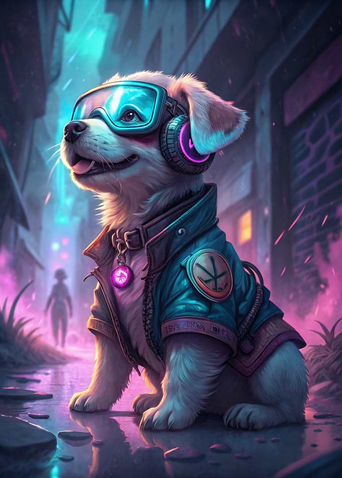 Cyberpunk Dog with Goggles and Headphones
