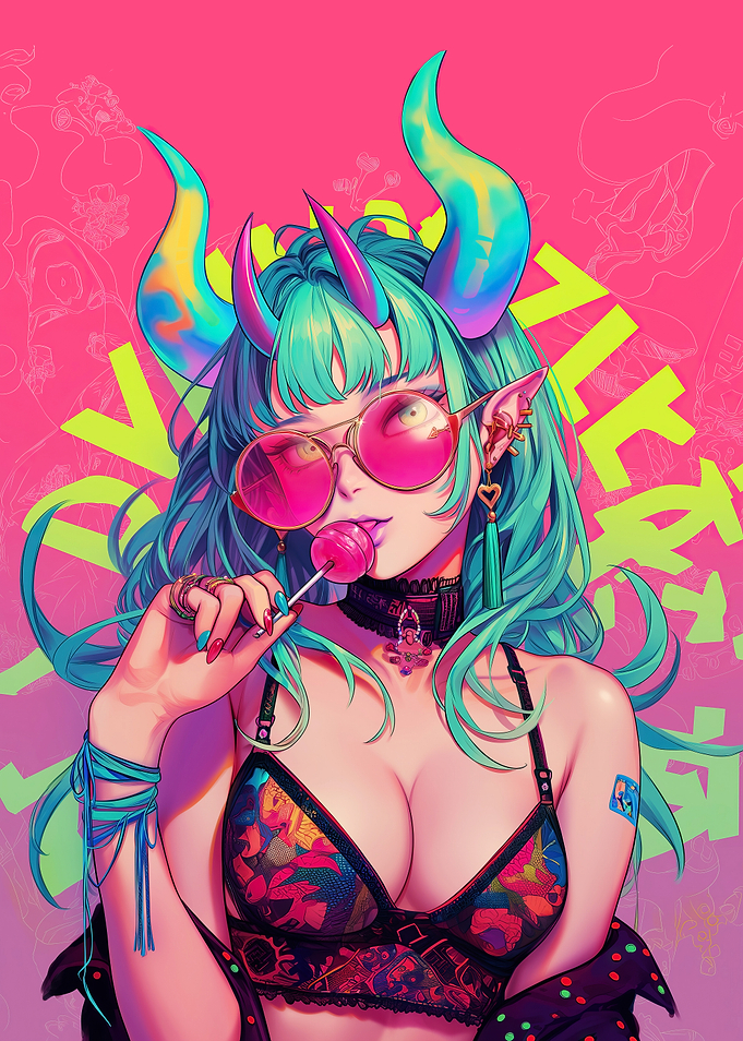 Anime Girl with Horns and Lollipop Colorful Art