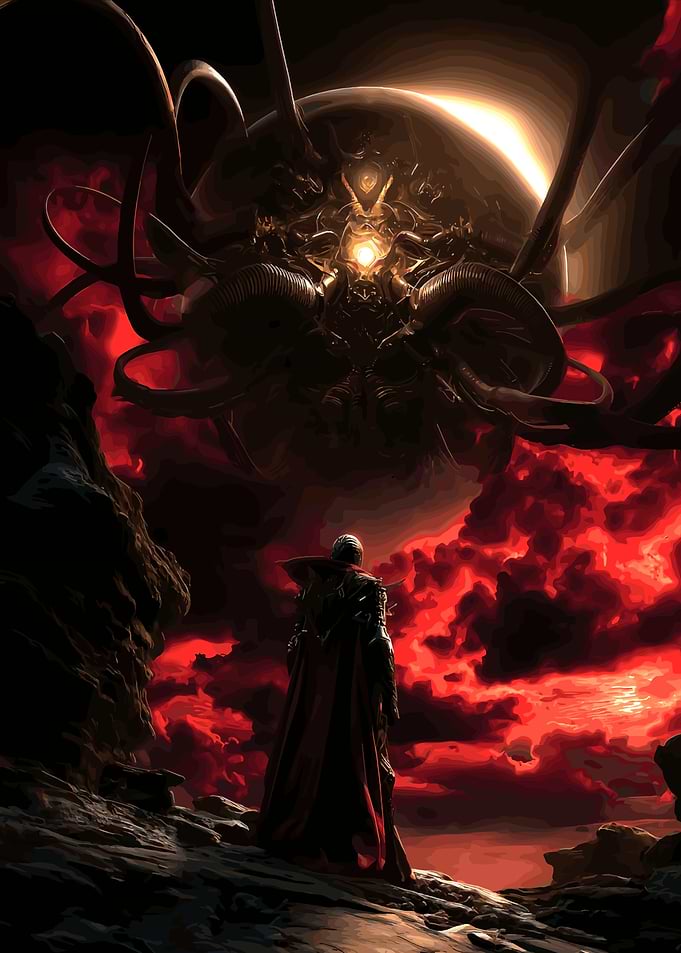Man confronts cosmic entity in red sky