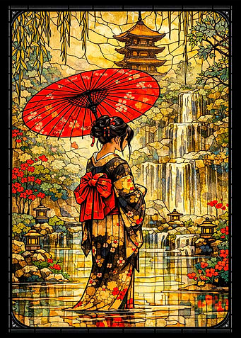 Woman in Kimono by Waterfall