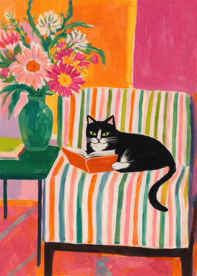 Cat Reading on a Striped Chair