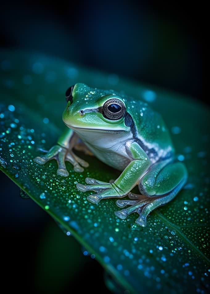 Green Tree Frog on Leaf with Dewdrops