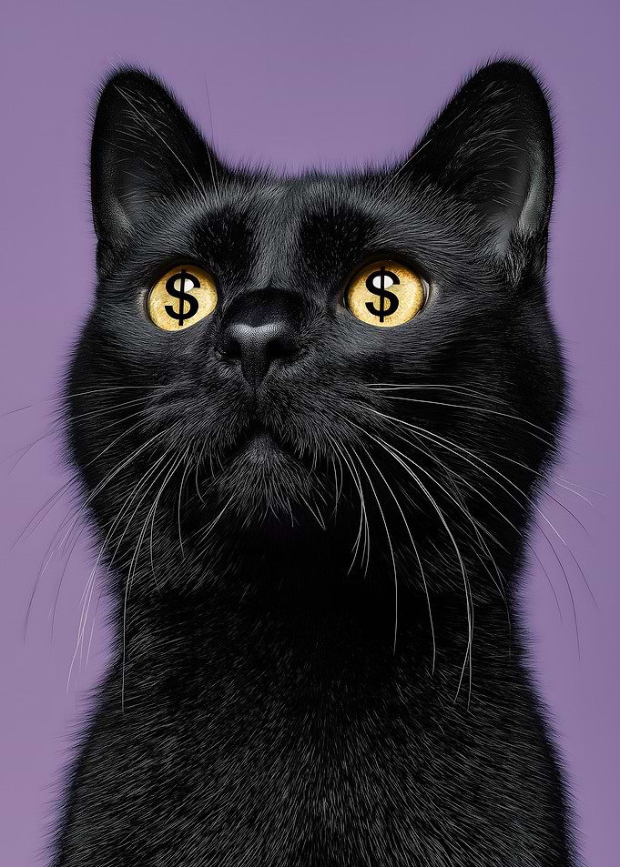 Black Cat with Dollar Sign Eyes